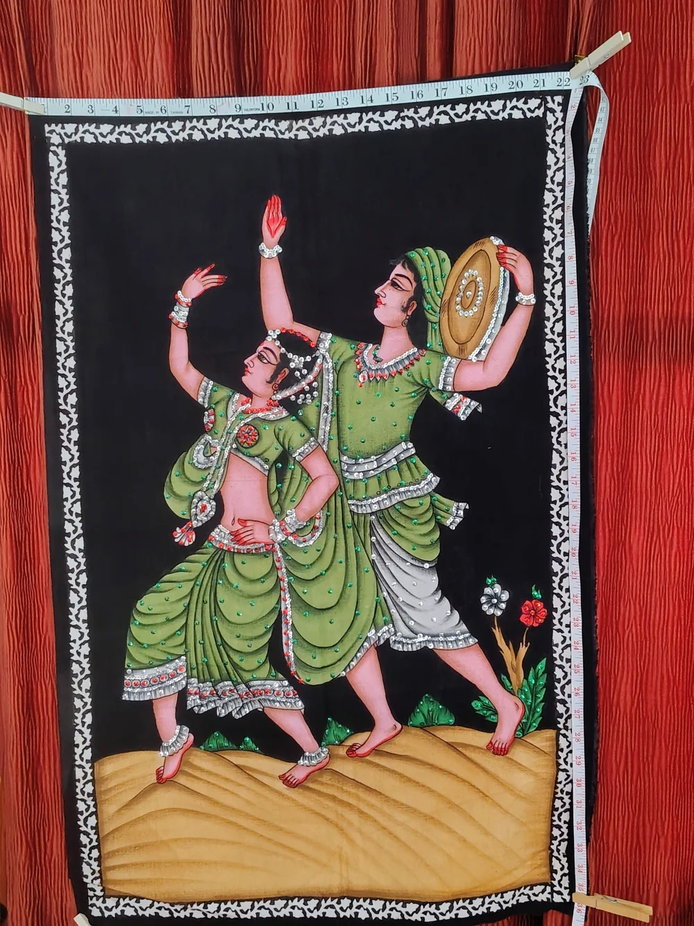 Mughal Art Tapestry/ Banner Handpainted Sequin Embellished Hindu India 36x23